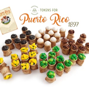 Upgrade tokens for Puerto Rico 1897 game - Miniature bags with corn, sugar, tobacco, coffee, fruits.