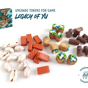 Legacy of Yu game resources / SET of 39 tokens / Provisions, Clay, Wood, Cowrie Shells