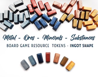 Board game resource tokens - Metal, ores, substances. Ingot shape. Game components, upgrade tokens.