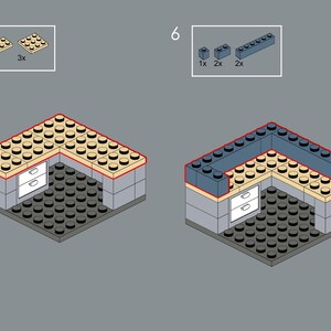 Puede incluir: Diagrama isom&eacute;trico de un modelo Lego de un mueble de esquina. El mueble est&aacute; construido con ladrillos Lego grises, negros, beige y azules. El mueble tiene dos cajones blancos y est&aacute; sobre un fondo gris. La imagen tambi&eacute;n muestra los ladrillos Lego utilizados.