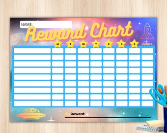 May include: A blue and purple space-themed reward chart with a rocket ship, stars, and a UFO. The chart has a grid with days of the week labeled M, T, W, T, F, S, S. It also has a space for a name, points, and a reward.