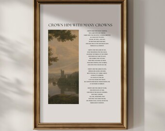 Crown Him With Many Crowns | Classic Hymn Art | Christian Hymn Wall Art | Vintage Christian Decor | Hymn Lyric Poster | Biblical Home Decor