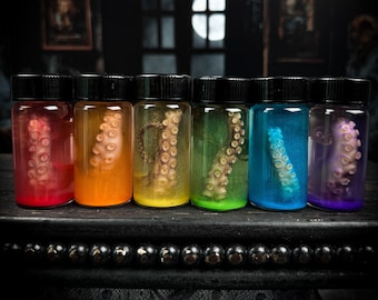 Octopus Tentacle Wet Specimen Vial Rainbow Colored Oddity | Curio Cabinet Oddities | LGBT Pride Flag Colors Sparkling Curiosity Bottle