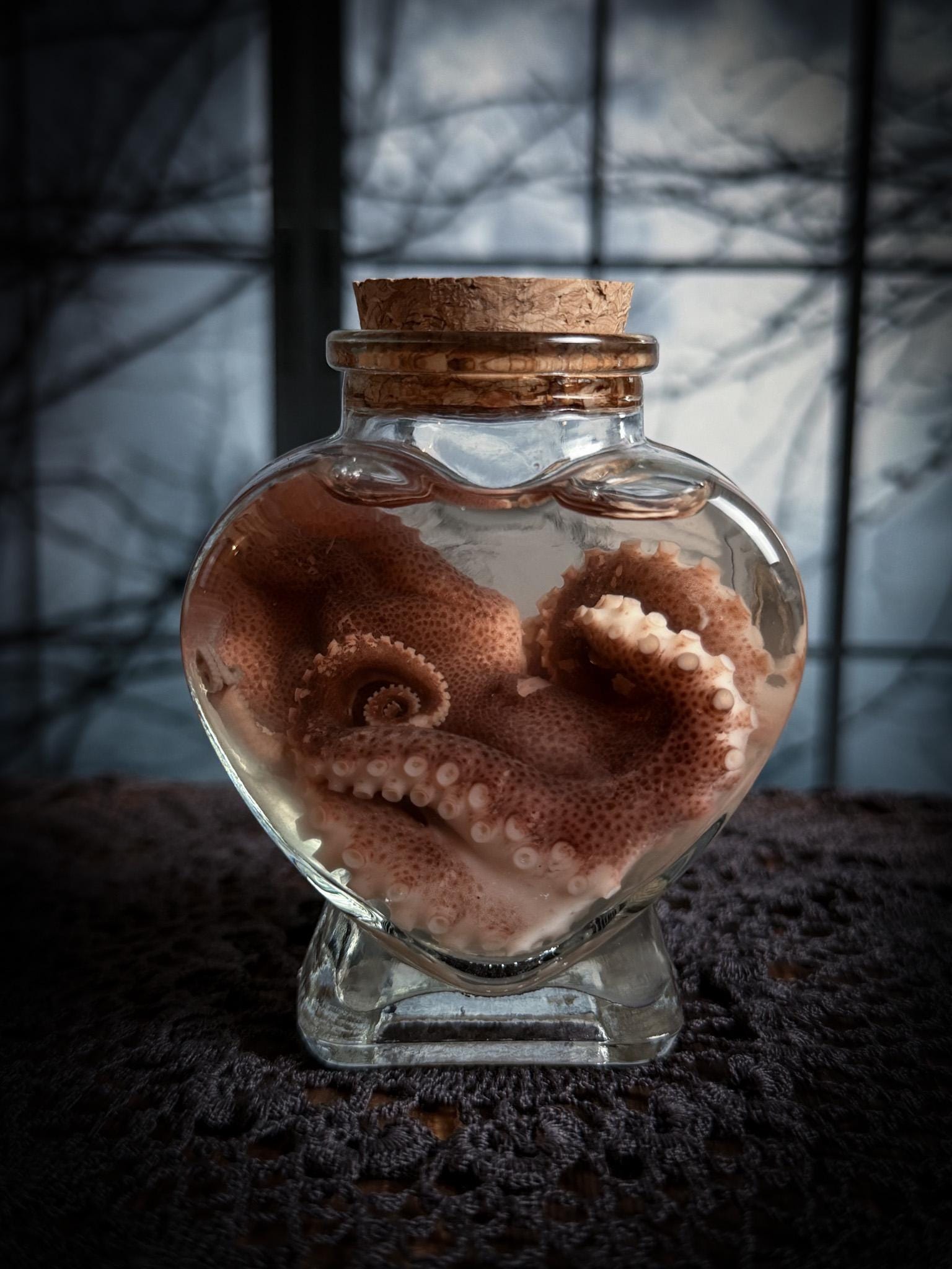 くまお。　額装　DEATH NYCHeart with Octopus Baby Octopus Wet Specimen Heart Apothecary Bottle | Real Taxidermy