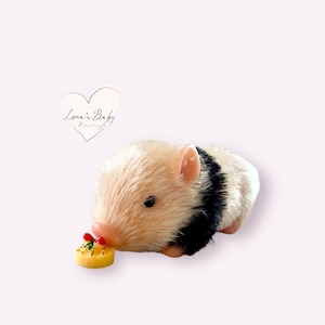 May include: A small pig ornament with a cream-coloured body and a black stripe around its middle. It is next to a tiny yellow cake decorated with red and green details. The image includes the text "Luna's Baby" in a heart-shaped design.