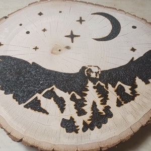 Könnte beinhalten: Eine Holzscheibe mit einem eingebrannten Design eines Eulen, der über Berge fliegt, mit einem Halbmond und Sternen im Hintergrund.