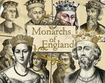 Monarchs of England - set of 34 old illustrations from vintage book pictures images pages 8.5x11 digital papers print sheets King Queen