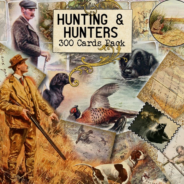 Hunting and Hunters - set of 40 pictures on 300 cards in JPG format with illustrations instant digital download sporting game animals prints