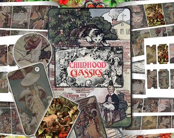 Childhood Classics - set of 13 old illustrations from vintage book pictures images pages 8.5x11 digital papers print tags ATC cards bears