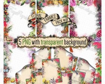 PNG FLORAL FRAMES #18 - set of 5 decorated flowering frames in png with transparent background digital download flowers butterflies