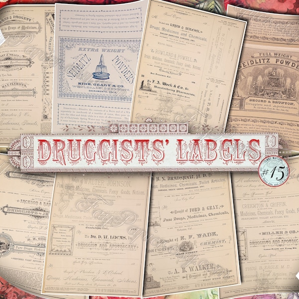 Druggists' Labels #15 - set of 9 printable sheets with old pharmaceutical tags from vintage book for apothecary medicine medicinal journal