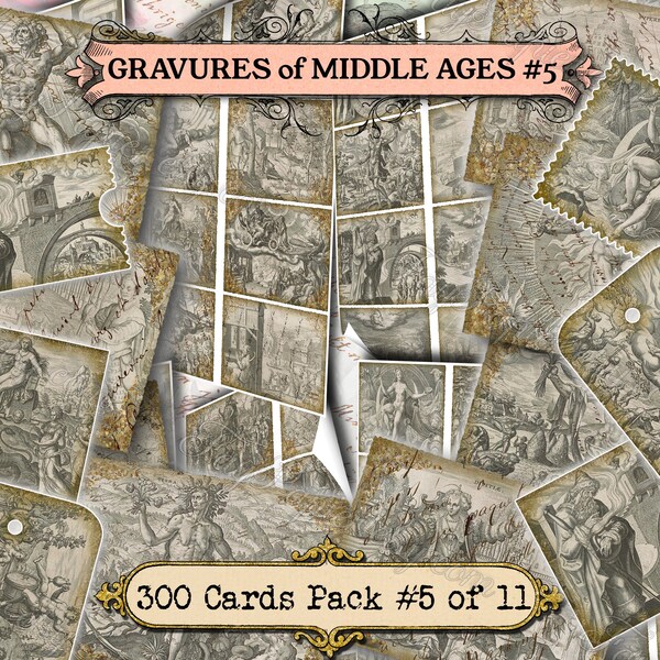 Gravures of Middle Ages #5 - set of 40 pictures on 300 cards with antique illustrations instant digital download medieval black and white