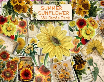 Summer Sunflower - set of 40 pictures on 350 cards vintage design old illustrations inserts for natural junk journal yellow blossom summer