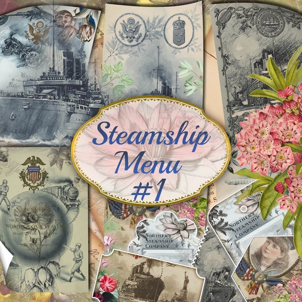 Steamship Menu #1 - Set mit 50 Vintage Style ATC Karten alte Bilder Seiten 8.5x11mm digitale Papiere Druckvorlage für Journal schwarz-weiß