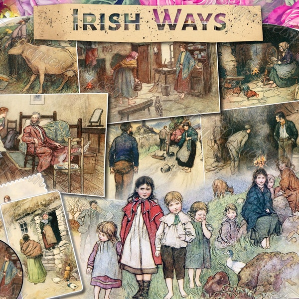 Irish Ways - set of 12 old illustrations from vintage book pictures images pages 8.5x11 digital papers print sheets landscapes of Ireland