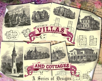 Villas and Cottages A Series of Designs - set of 50 old illustrations from vintage book pictures images pages 8.5x11 building house sketch
