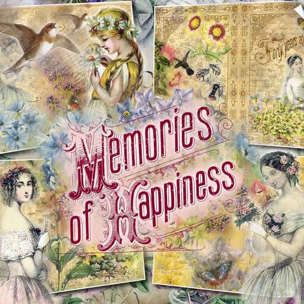 Memories of Happiness - set of 36 junk journal sheets with digital flowers Sweet butterfly Papillons Bird antique paper girls wedding bride