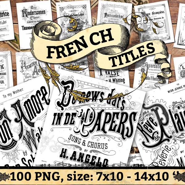 TITRES FRANÇAIS - lot de 100 partitions vintage notées, images haute résolution, images PNG avec fond transparent