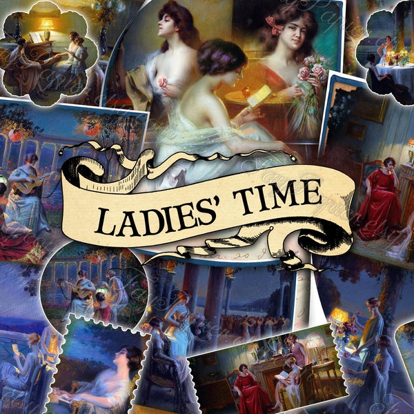 Ladies' Time - set of 78 junk journal sheets with digital vintage painting collages in JPG instant download printable images women girls