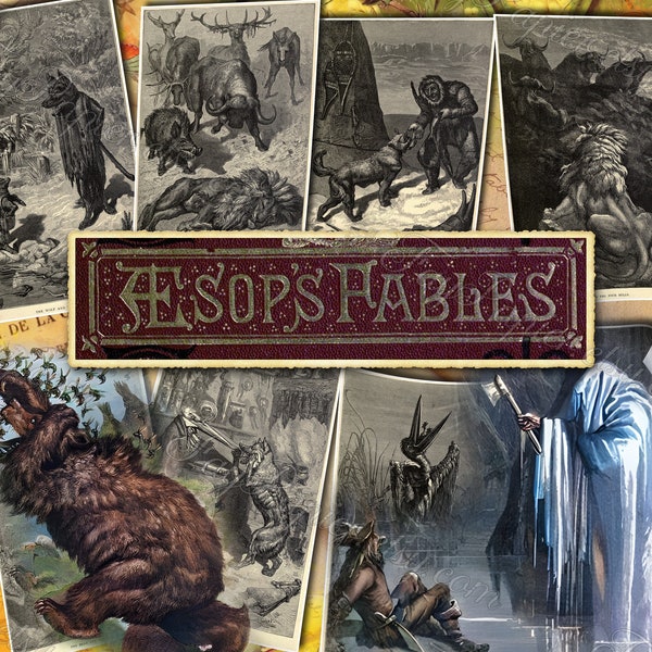 Aesop's Fables - set of 29 old illustrations from vintage book pictures images pages 8.5x11 digital papers print sheets fairy tales