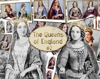 The Queens of England #2 - set of 8 old illustrations with digital collages of vintage style graphics designs Royal British Kingdom in color