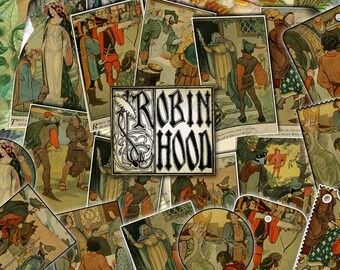 Robin Hood - set of 14 old illustrations from vintage book pictures images pages 8.5x11 digital papers print sheets ATC cards for journal