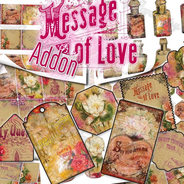 Module complémentaire Message of Love - lot de 46 feuilles de journal indésirable avec des collages numériques de pièces éphémères de conception graphique de style vintage pour techniques mixtes