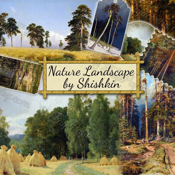 Paysage naturel par Shishkin - lot de 55 feuilles de journal indésirable avec peinture numérique vintage Téléchargement instantané images imprimables mât d'arbres