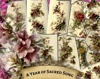 A Year of Sacred Song - set of 12 old illustrations from vintage book pictures images pages 8.5x11 digital papers print flowers botanical