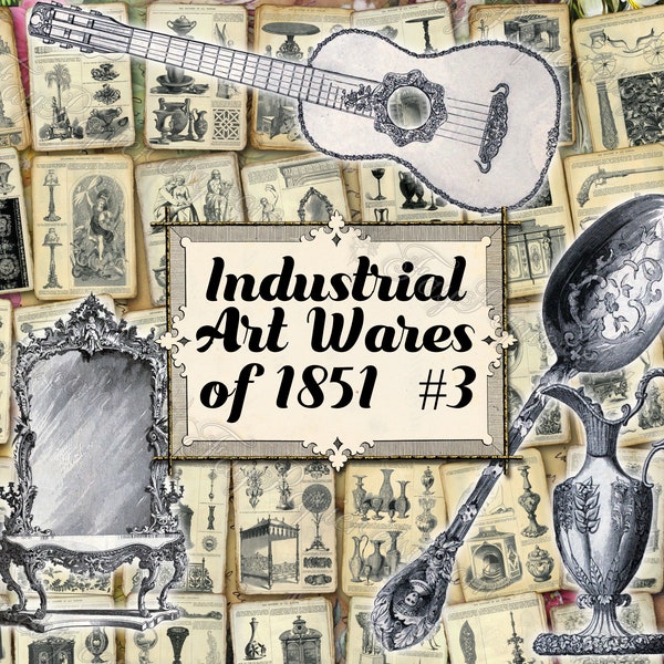 Industrial Art Wares of 1851 #3 - lot de 60 feuilles dont 80 pages de livres anciens du catalogue illustré de la revue Art Journal Industry of All Nations