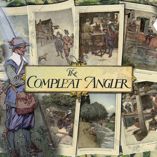 The Compleat Angler - set of 16 old illustrations from vintage book pictures images pages 8.5x11 digital papers print sheets fishing hobby