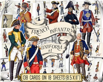 French Infantry Uniform #1 - set of 138 digital vintage cards on 18 sheets with military army war troops of France clipart soldier warrior