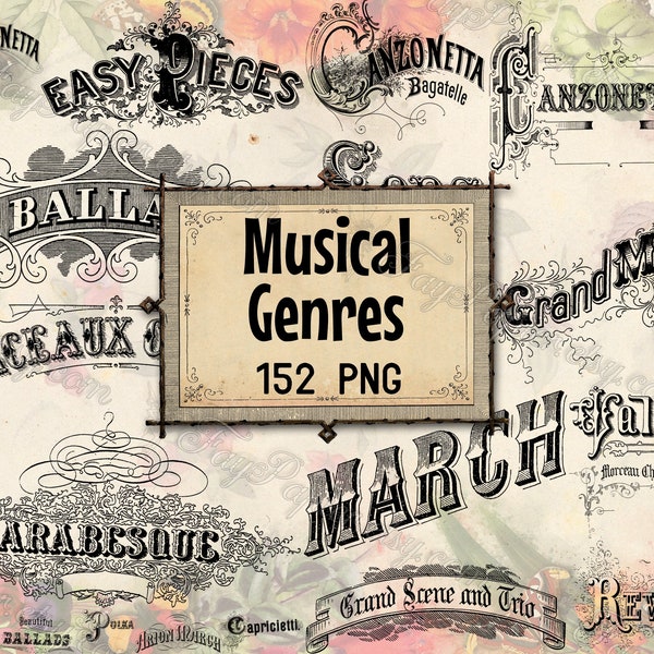 PNG MUSICAL GENRES - set of 152 files png transparent background digital download capricietti galop repertoire rondo musical romance ballad