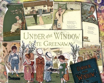 Under the Window by Kate Greenaway - set of 23 old illustrations from vintage book pictures images pages 8.5x11 digital paper print children