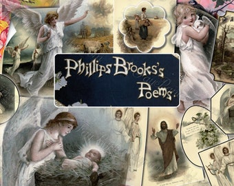 Phillips Brooks's Poems - set of 17 old illustrations from vintage book pictures images pages 8.5x11 white angel Christ-child botanical