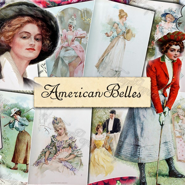 American Belles - set of 11 old illustrations from vintage book pictures images pages 8.5x11 digital papers girl with fan in evening dress