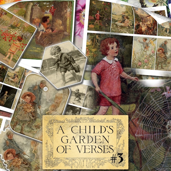 A Child's Garden of Verses #3 - set of 25 old illustrations from vintage book pictures images pages 8.5x11 digital papers print sheets tags