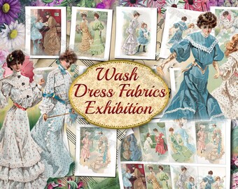 Wash Dress Fabrics Exhibition - set of 12 vintage fashion illustrations tags ATC cards old pictures images 8.5x11 digital papers for journal