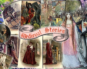 Medieval Stories - set of 20 old illustrations from vintage book pictures images pages 8.5x11 digital papers print sheets tags ATC scenes