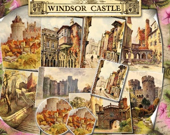Windsor Castle - set of 12 old illustrations from vintage book pictures images pages 8.5x11 digital papers print sheets medieval landscape