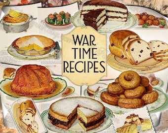 War Time Recepten - set van 24 oude illustraties uit vintage boekfoto's afbeeldingen pagina's 8.5x11 digitale papieren printvellen tags ATC-kaarten