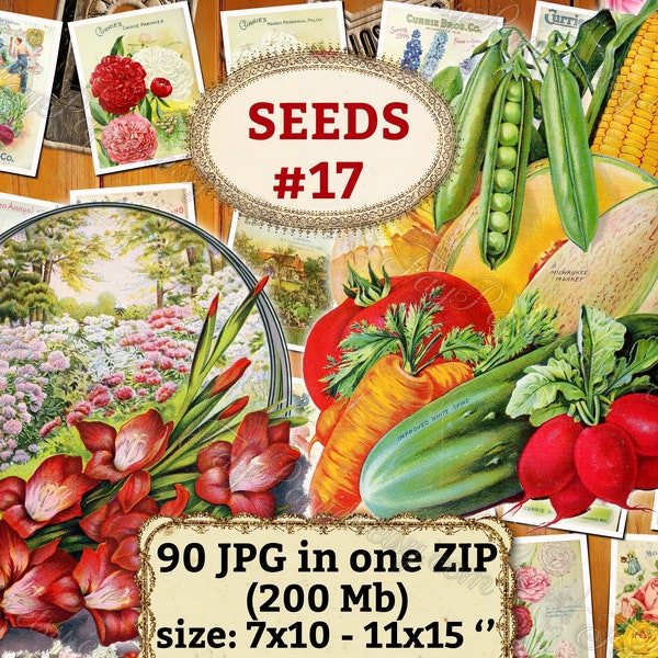 SEEDS #17 - pack of 90 vintage images in High resolution old digital download printable vegetables Radishes Carrots Pea catalogs covers