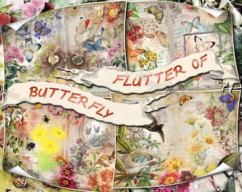 Papillons flottants - Lot de 30 feuilles de journal indésirable avec des illustrations numériques imprimables de papillons et de fleurs Pages oiseaux papier antique