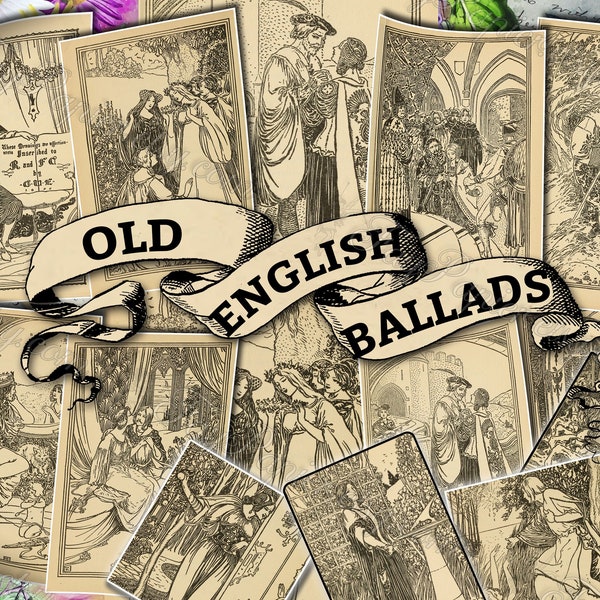 Old English Ballads - set of 29 old illustrations from vintage book pictures images pages 8.5x11 digital papers print sheets drawings royal