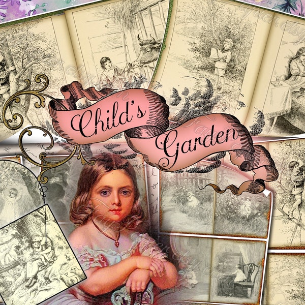 Child's Garden - set of 23 old illustrations from vintage book pictures images pages 8.5x11 digital papers print sheets coloring children