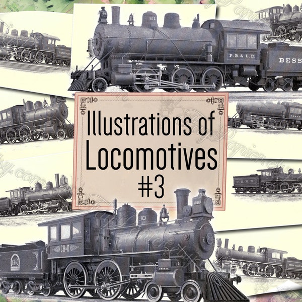 Illustrations of Locomotives #3 - set of 40 old illustrations from vintage book pictures images pages 8.5x11 digital papers print sheets