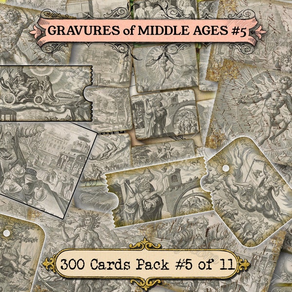 Gravures of Middle Ages #5 - set of 40 pictures on 300 cards with antique illustrations instant digital download medieval black and white