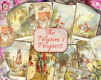 The Pilgrim's Progress - set of 14 old illustrations from vintage book pictures images pages 8.5x11 digital papers print ATC cards journal