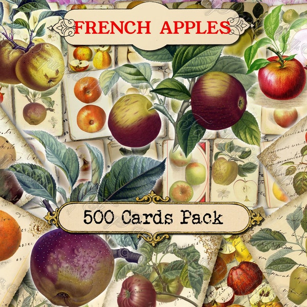 French Apples - set of 40 pictures on 500 cards with antique illustrations instant digital download fruits journals books succulent fruit