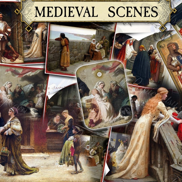 Medieval Scenes - set of 40 junk journal sheets with digital vintage painting collages in JPG instant download printable images knights